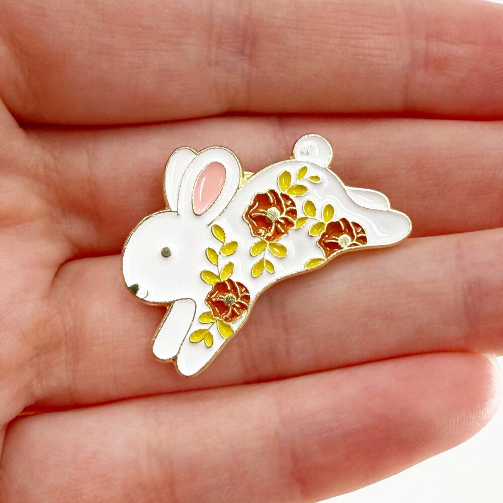 Floral White Bunny Rabbit Soft Enamel Pin